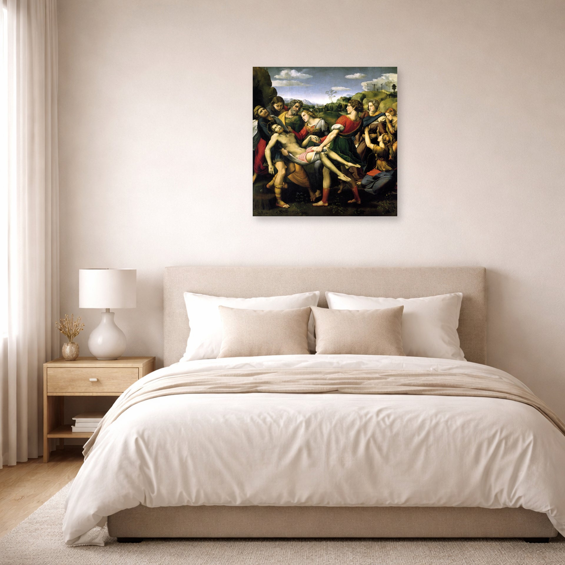Unframed poster print of Raphael's The Deposition displayed on a wall in a bedroom