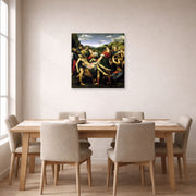 Unframed poster print of Raphael's The Deposition displayed on a wall in a dining