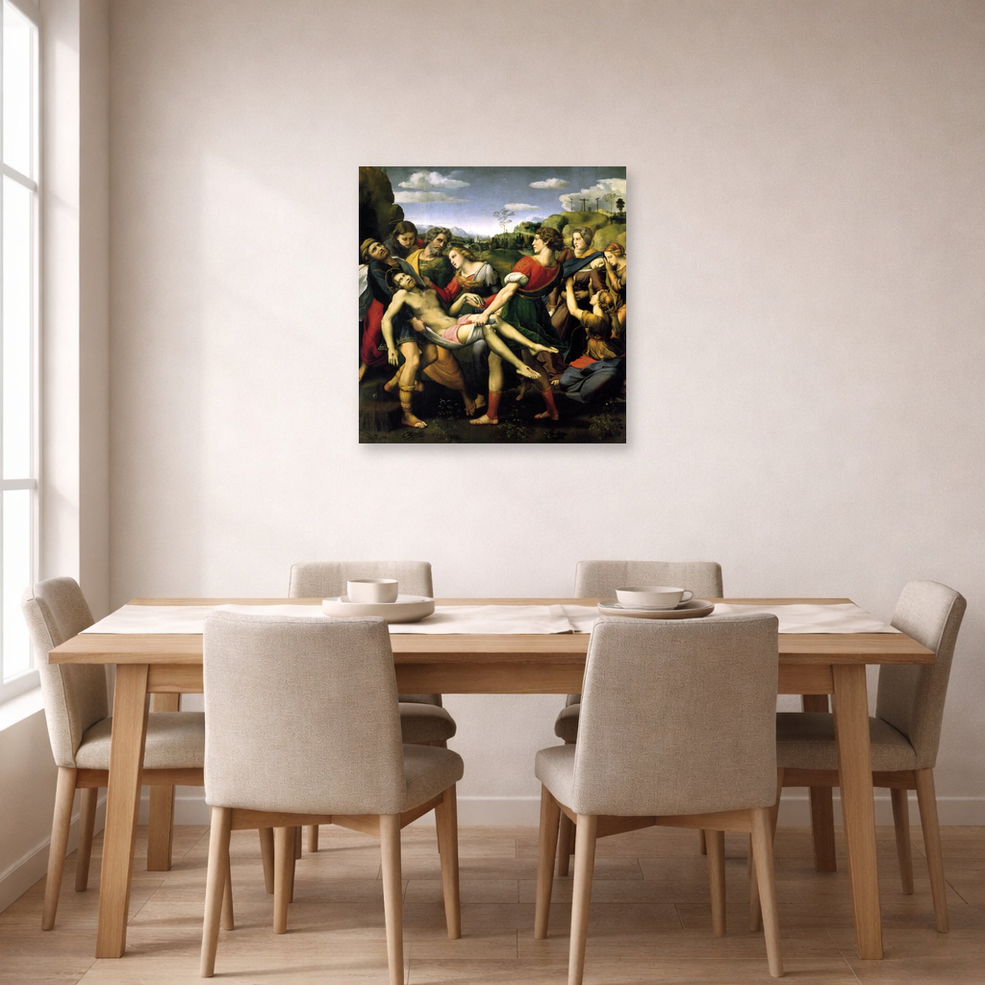 Unframed poster print of Raphael's The Deposition displayed on a wall in a dining