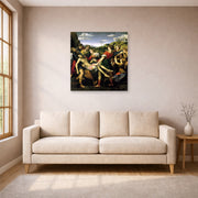 Unframed poster print of Raphael's The Deposition displayed on a wall in a living room