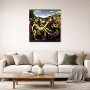 Unframed poster print of Raphael's The Deposition displayed on a wall in a living room