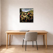 Unframed poster print of Raphael's The Deposition displayed on a wall in a office