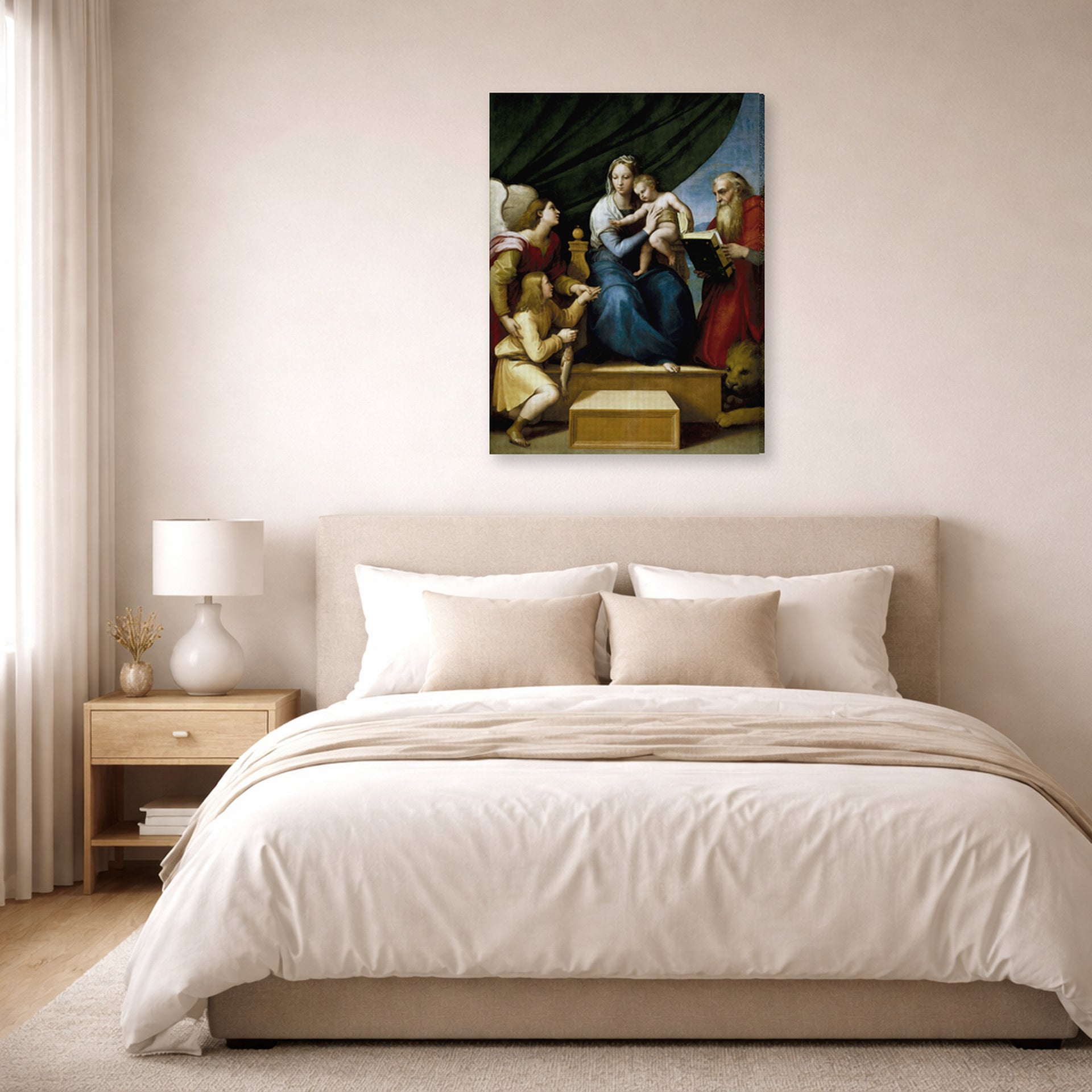 Gallery-wrapped canvas print of Raphael's The Holy Family with St. Raphael, Tobias and St. Jerome displayed on a wall in a bedroom
