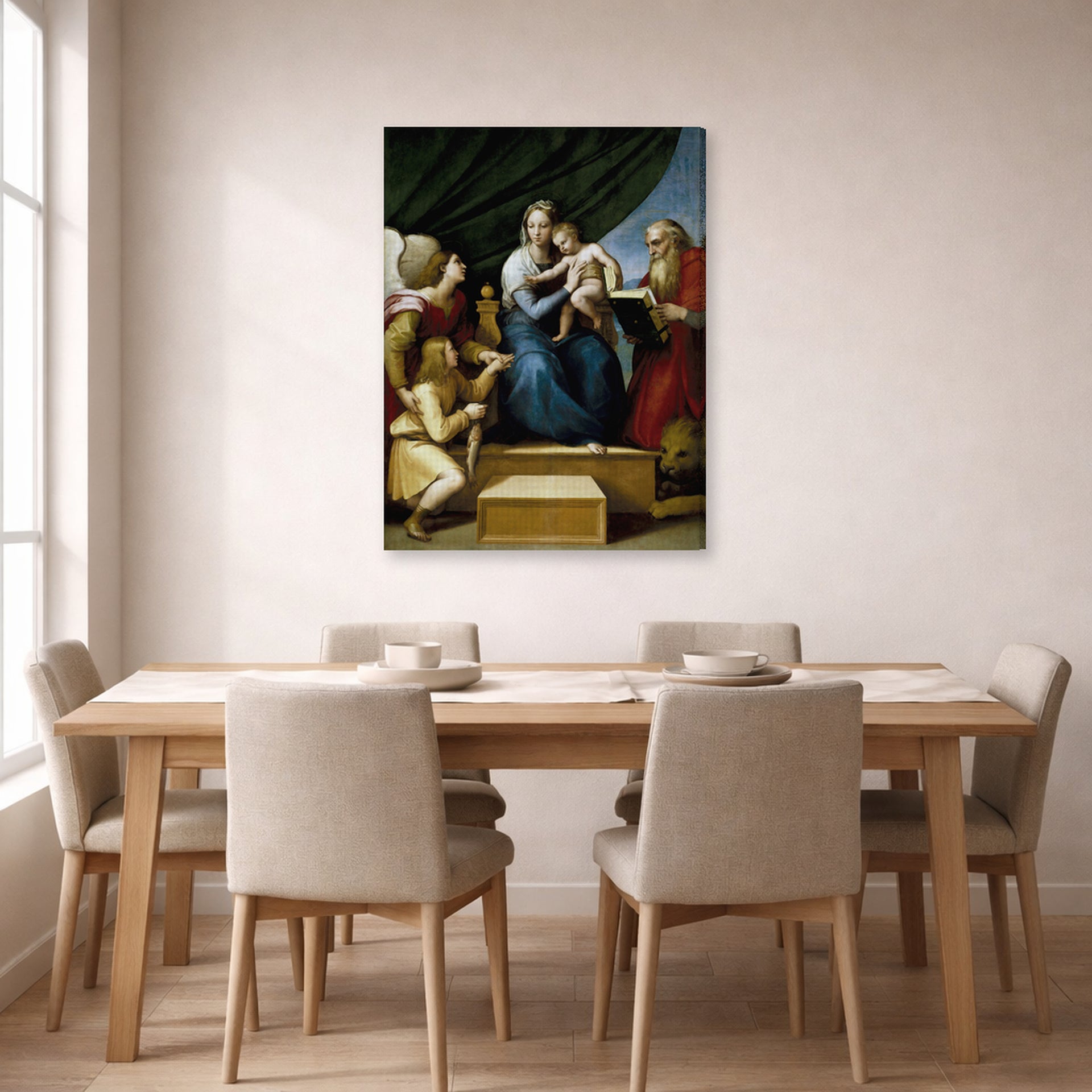 Gallery-wrapped canvas print of Raphael's The Holy Family with St. Raphael, Tobias and St. Jerome displayed on a wall in a dining