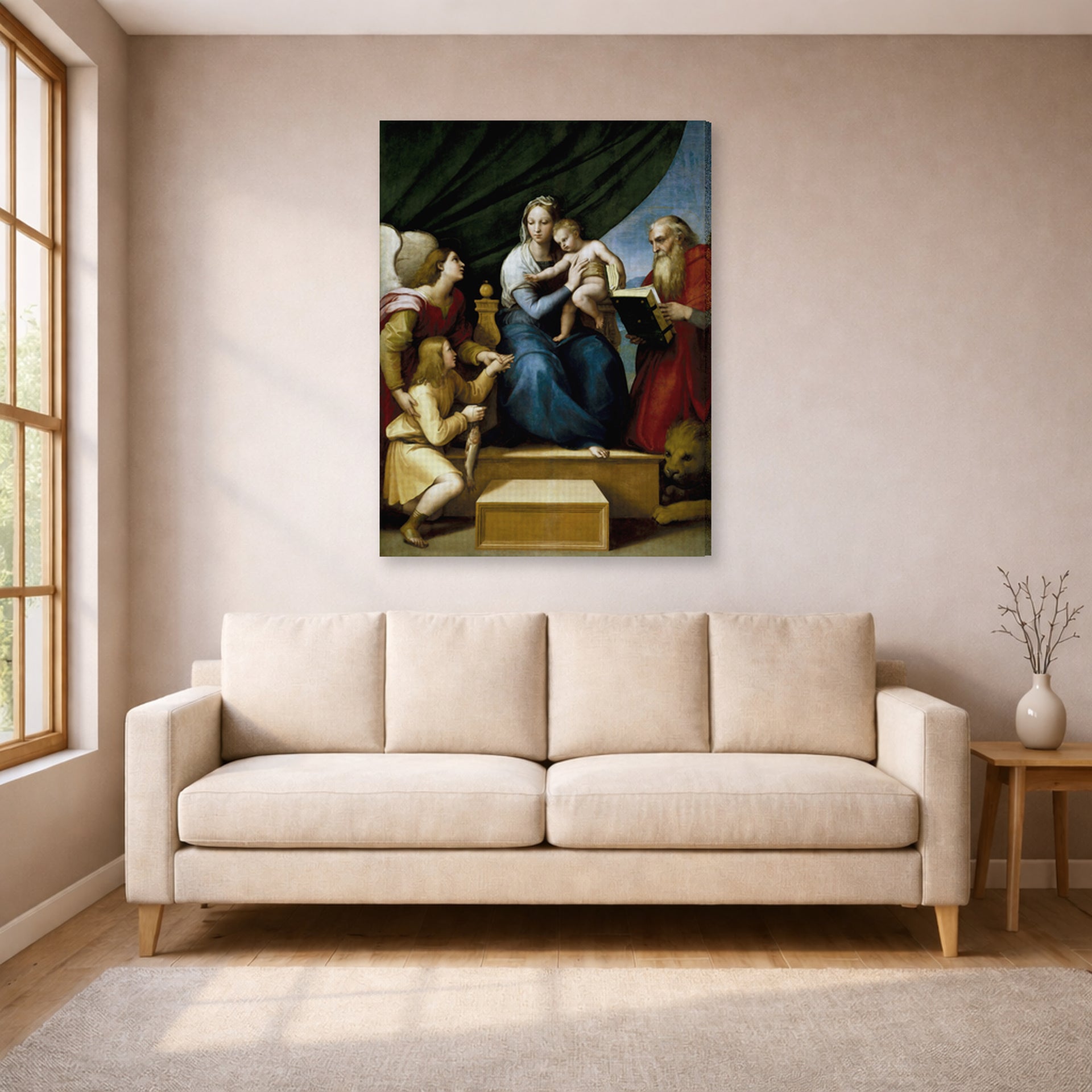Gallery-wrapped canvas print of Raphael's The Holy Family with St. Raphael, Tobias and St. Jerome displayed on a wall in a living room