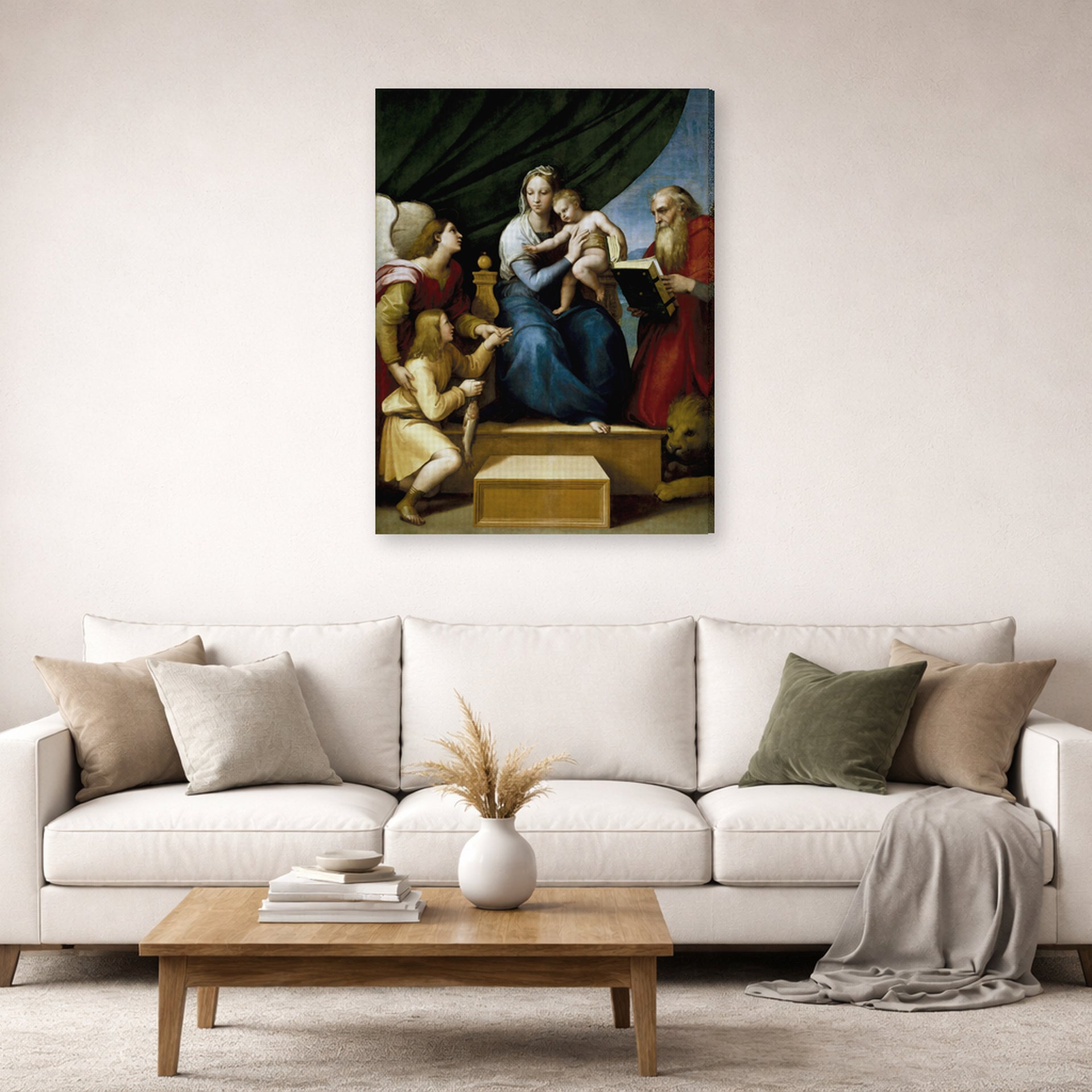 Gallery-wrapped canvas print of Raphael's The Holy Family with St. Raphael, Tobias and St. Jerome displayed on a wall in a living room