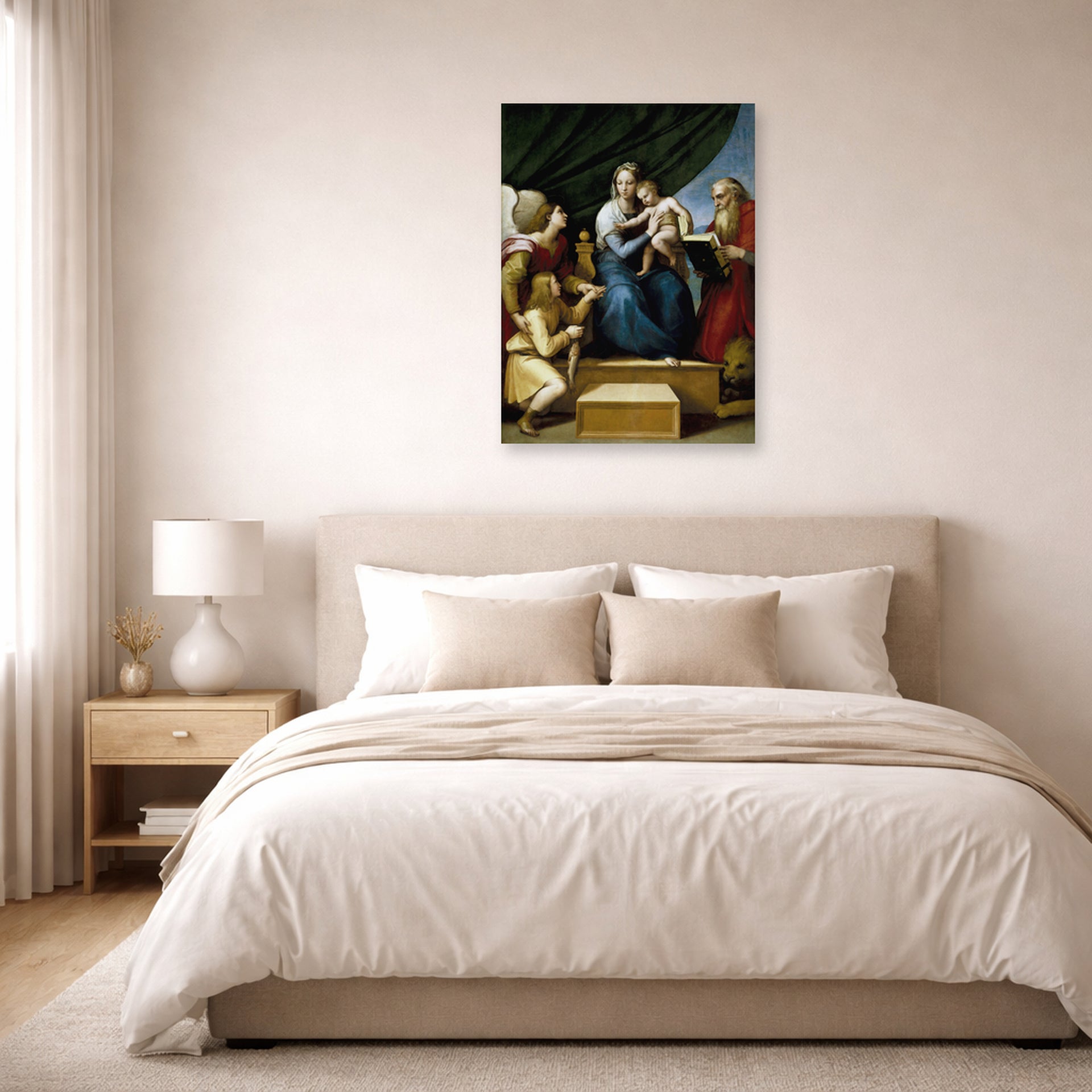 Unframed poster print of Raphael's The Holy Family with St. Raphael, Tobias and St. Jerome displayed on a wall in a bedroom