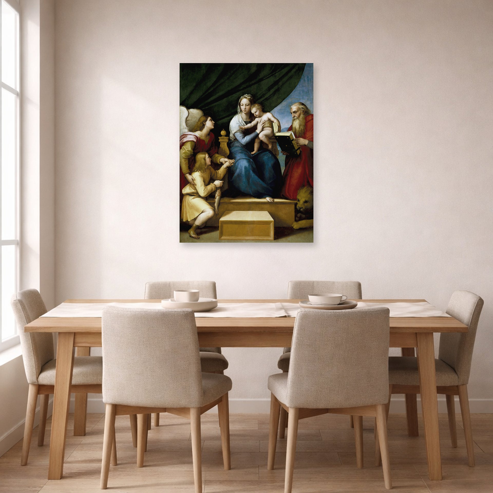 Unframed poster print of Raphael's The Holy Family with St. Raphael, Tobias and St. Jerome displayed on a wall in a dining