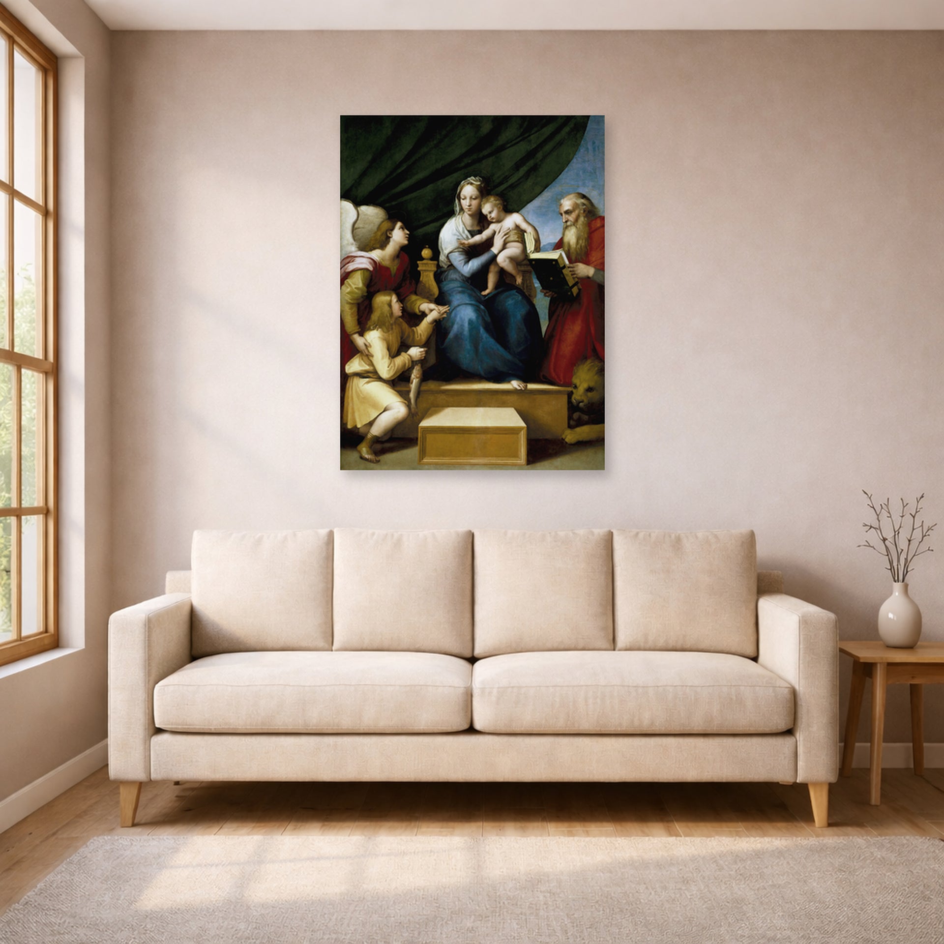 Unframed poster print of Raphael's The Holy Family with St. Raphael, Tobias and St. Jerome displayed on a wall in a living room