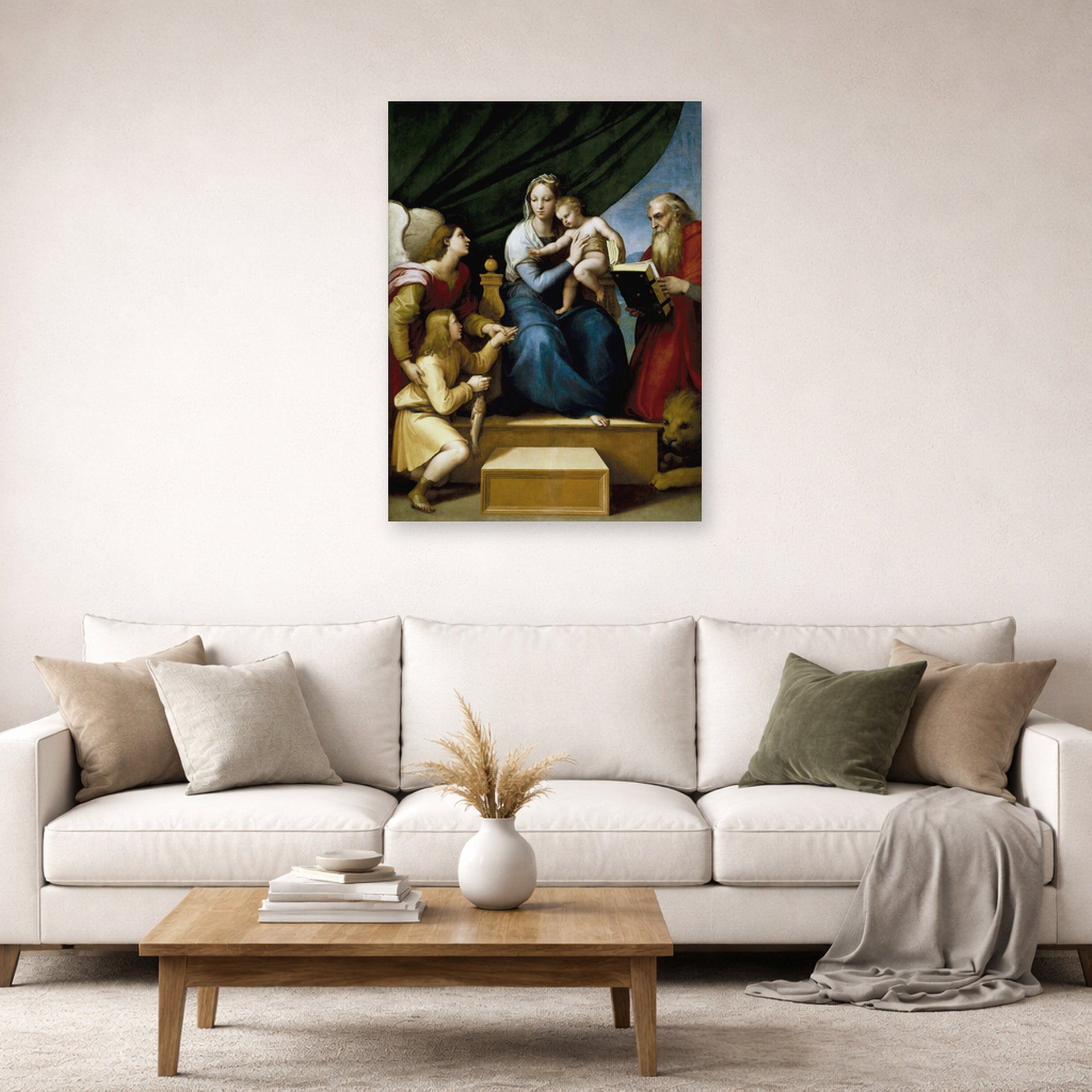 Unframed poster print of Raphael's The Holy Family with St. Raphael, Tobias and St. Jerome displayed on a wall in a living room