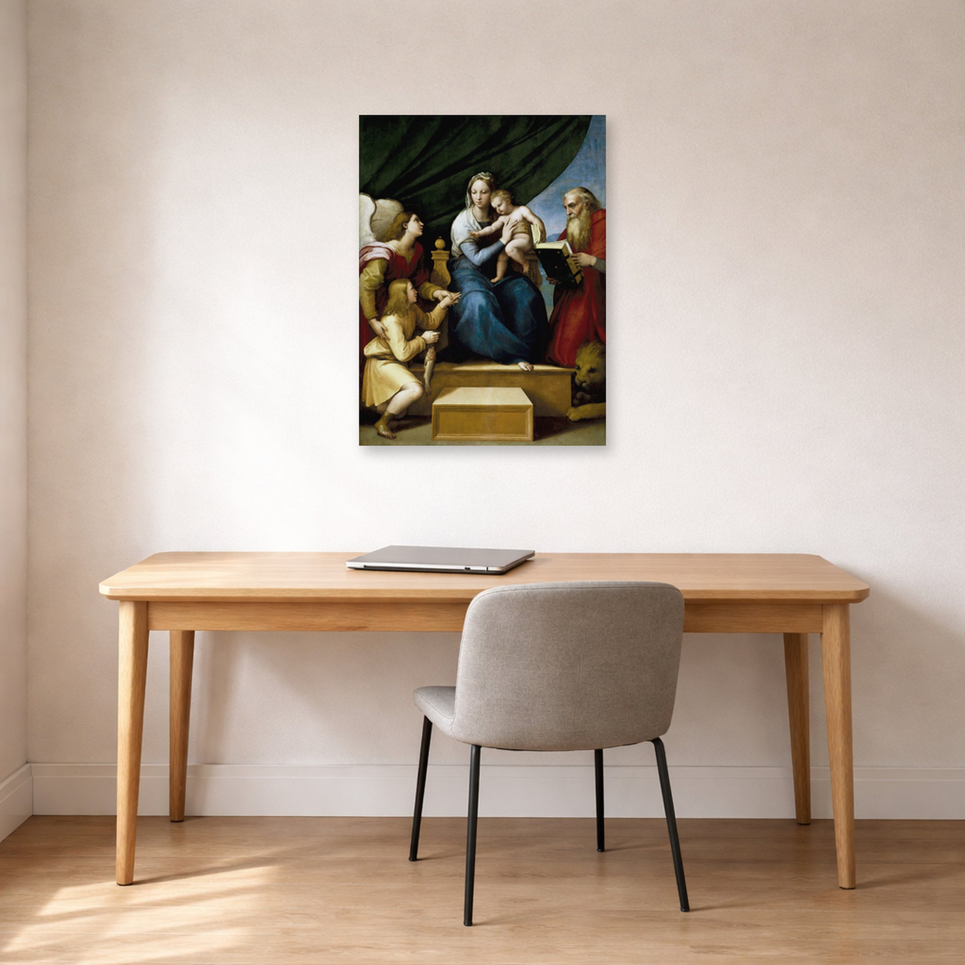 Unframed poster print of Raphael's The Holy Family with St. Raphael, Tobias and St. Jerome displayed on a wall in a office