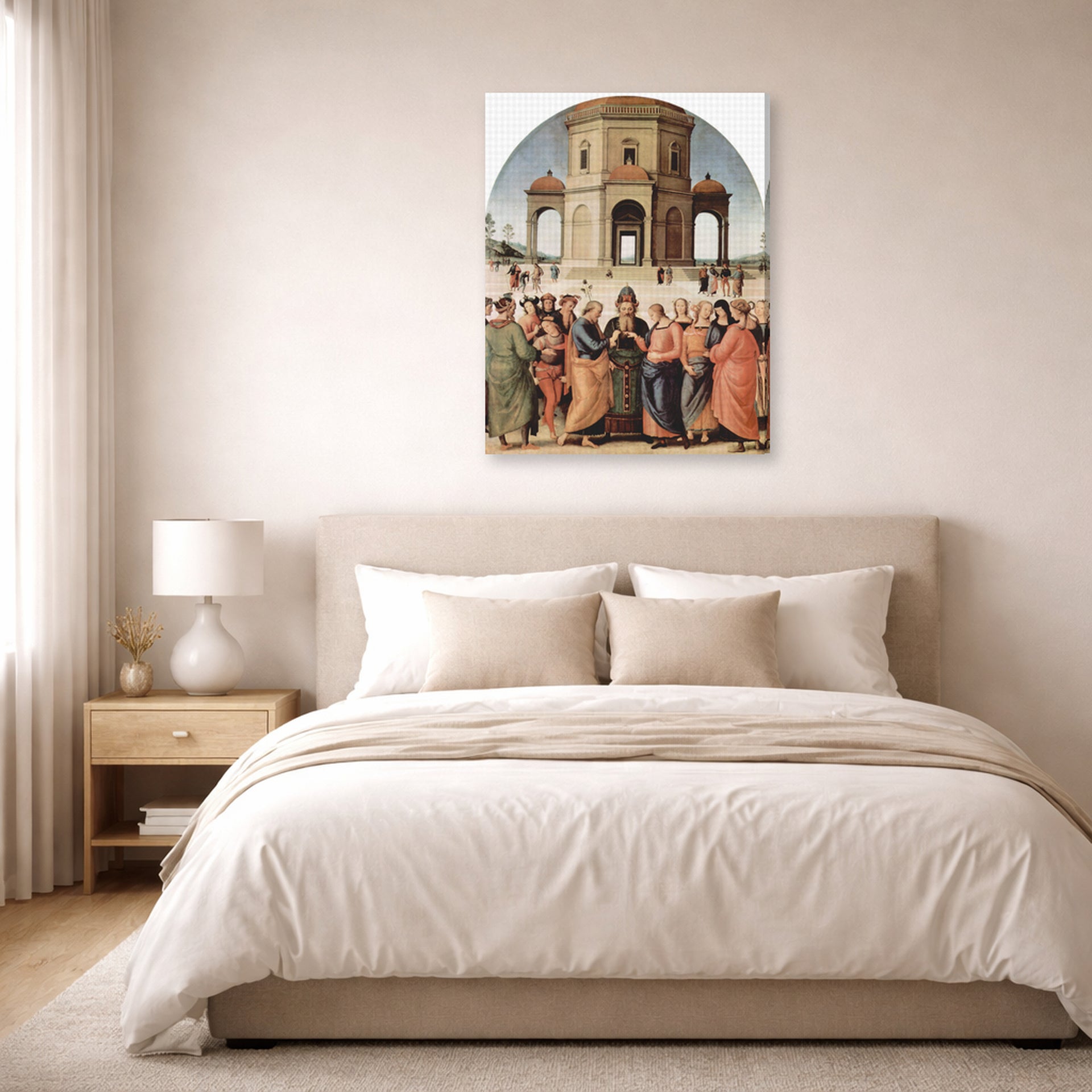 Gallery-wrapped canvas print of Raphael's The Marriage of the Virgin displayed on a wall in a bedroom