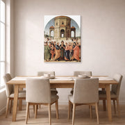 Gallery-wrapped canvas print of Raphael's The Marriage of the Virgin displayed on a wall in a dining