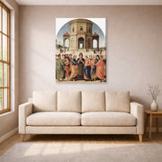 Gallery-wrapped canvas print of Raphael's The Marriage of the Virgin displayed on a wall in a living room