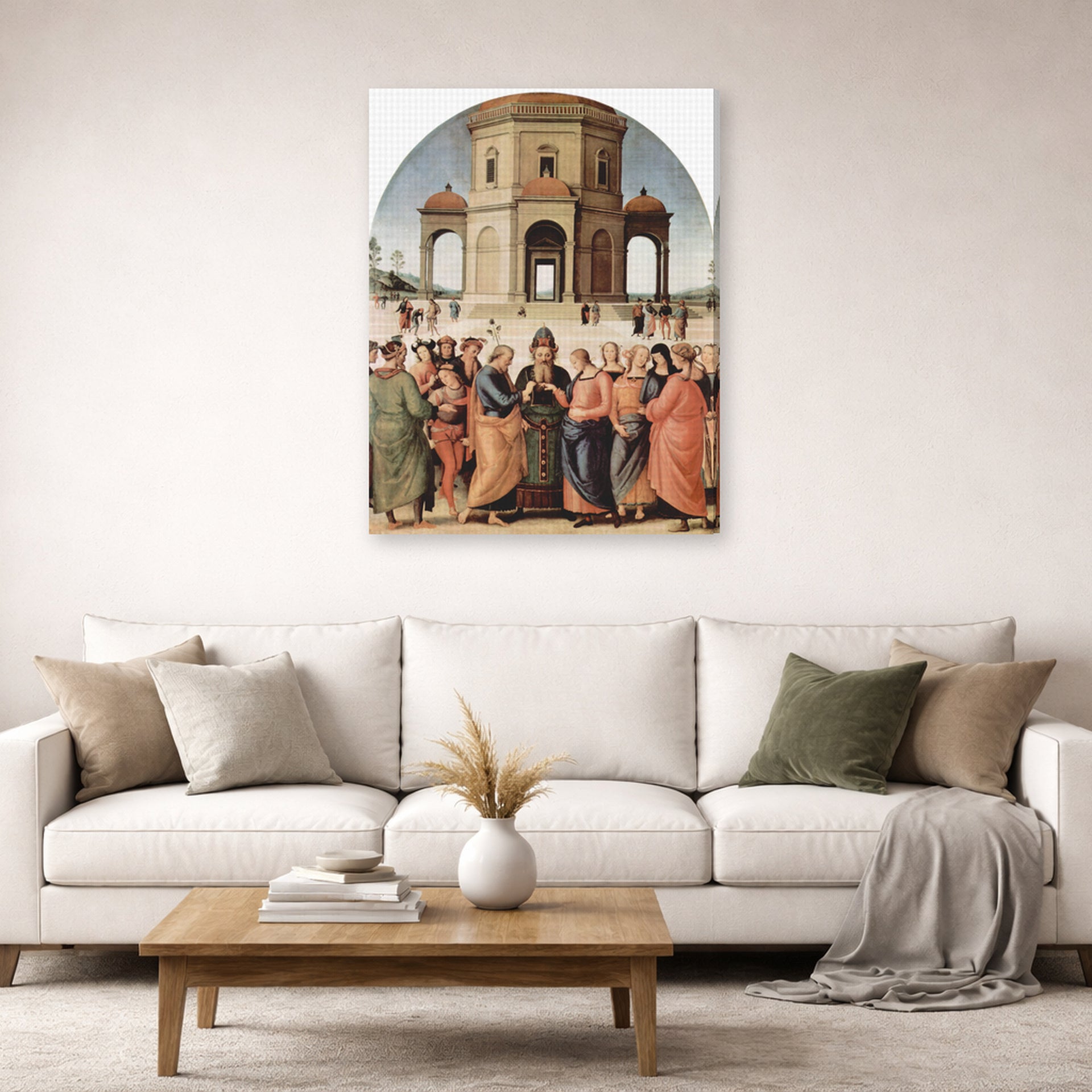 Gallery-wrapped canvas print of Raphael's The Marriage of the Virgin displayed on a wall in a living room