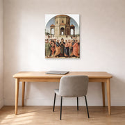 Gallery-wrapped canvas print of Raphael's The Marriage of the Virgin displayed on a wall in a office