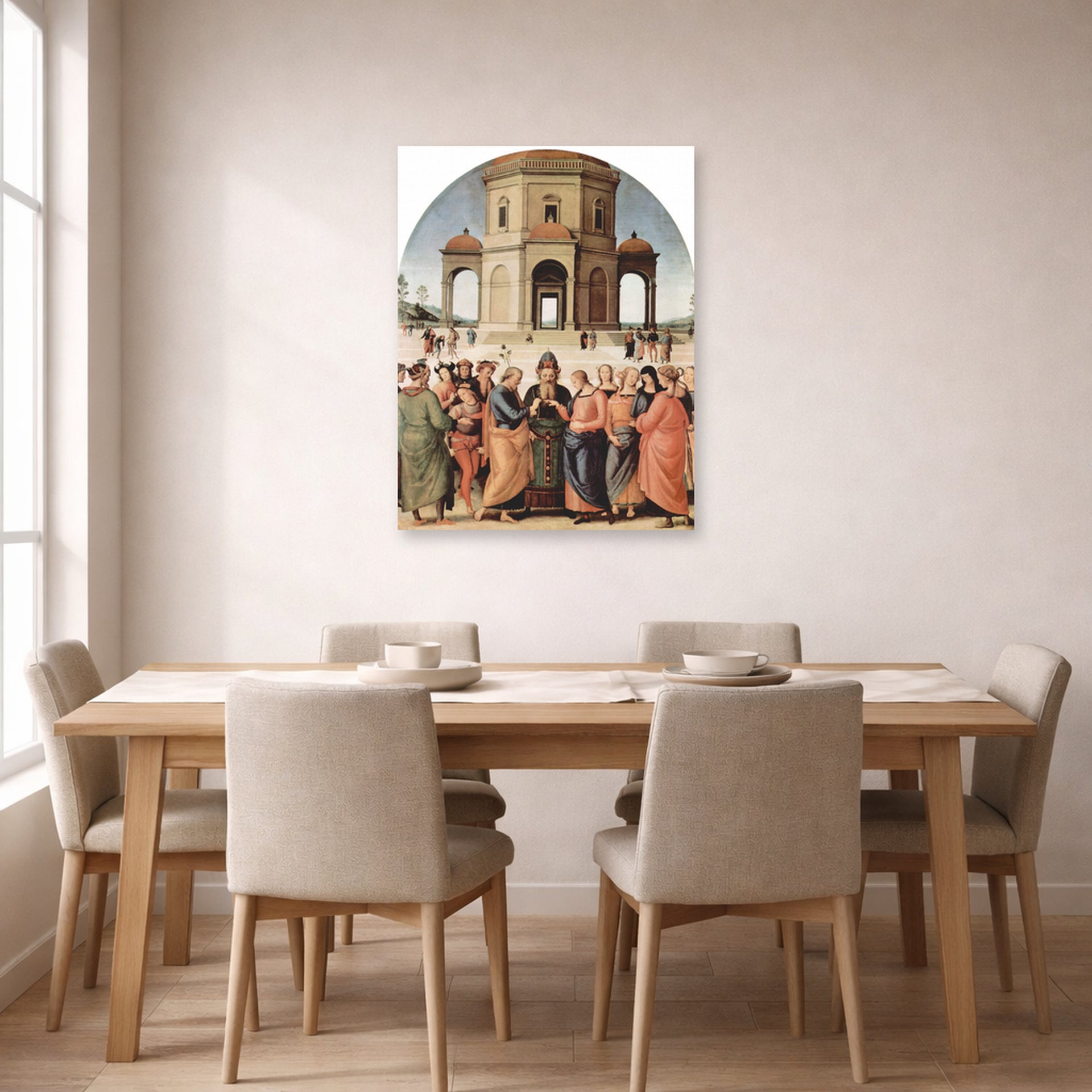 Unframed poster print of Raphael's The Marriage of the Virgin displayed on a wall in a dining