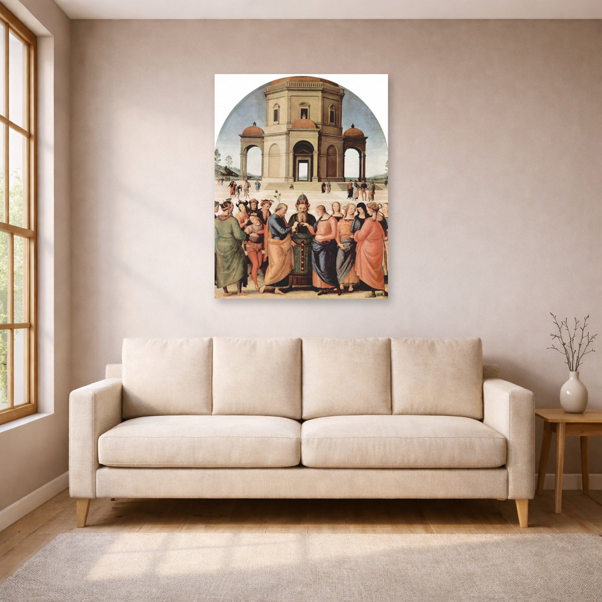 Unframed poster print of Raphael's The Marriage of the Virgin displayed on a wall in a living room