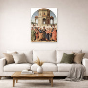 Unframed poster print of Raphael's The Marriage of the Virgin displayed on a wall in a living room