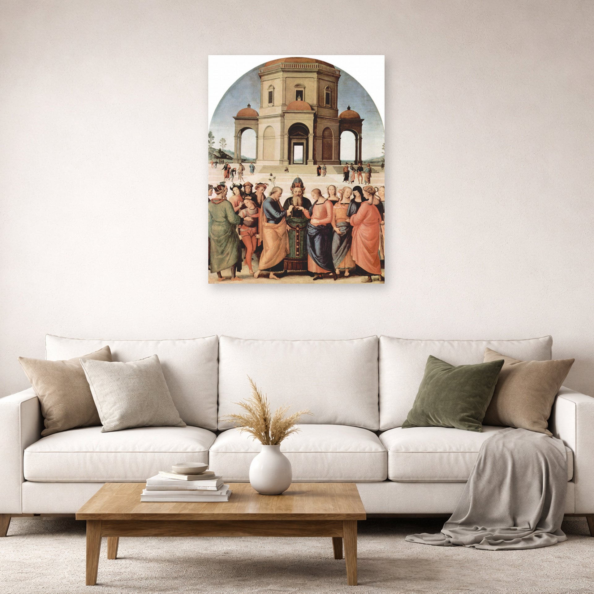 Unframed poster print of Raphael's The Marriage of the Virgin displayed on a wall in a living room