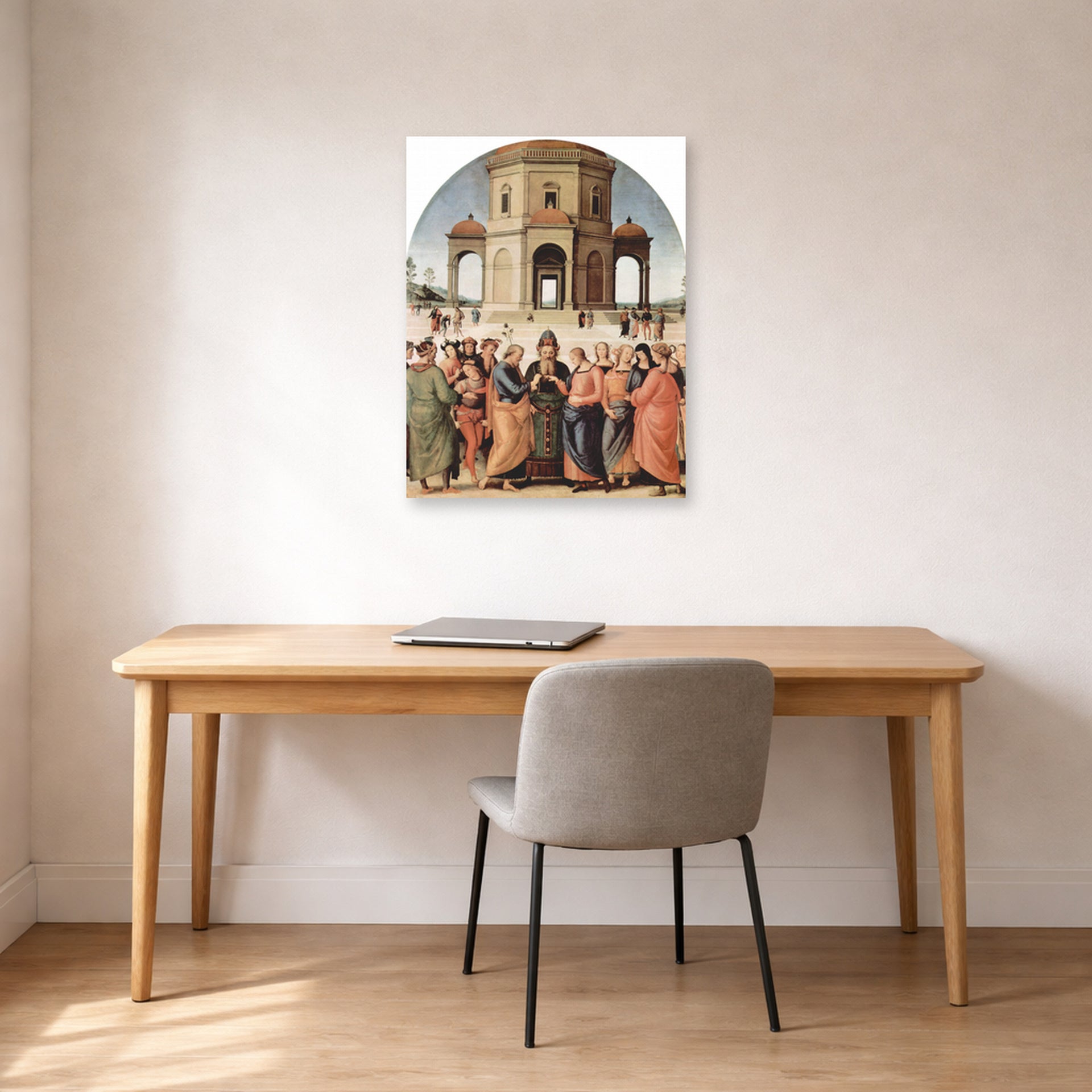 Unframed poster print of Raphael's The Marriage of the Virgin displayed on a wall in a office
