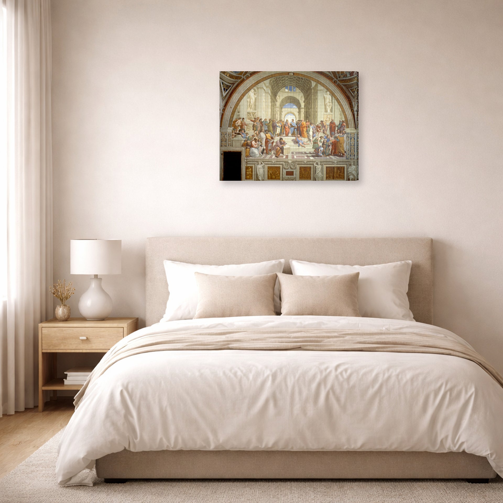 Gallery-wrapped canvas print of Raphael's The School of Athens displayed on a wall in a bedroom