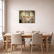 Gallery-wrapped canvas print of Raphael's The School of Athens displayed on a wall in a dining