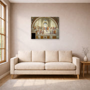 Gallery-wrapped canvas print of Raphael's The School of Athens displayed on a wall in a living room