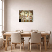 Unframed poster print of Raphael's The School of Athens displayed on a wall in a dining