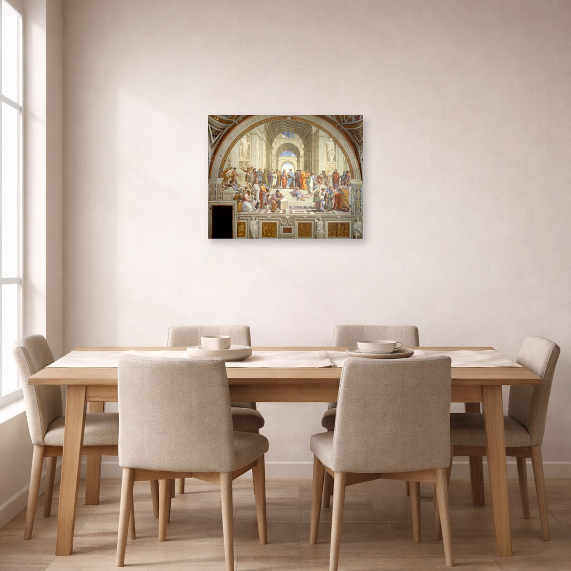 Unframed poster print of Raphael's The School of Athens displayed on a wall in a dining