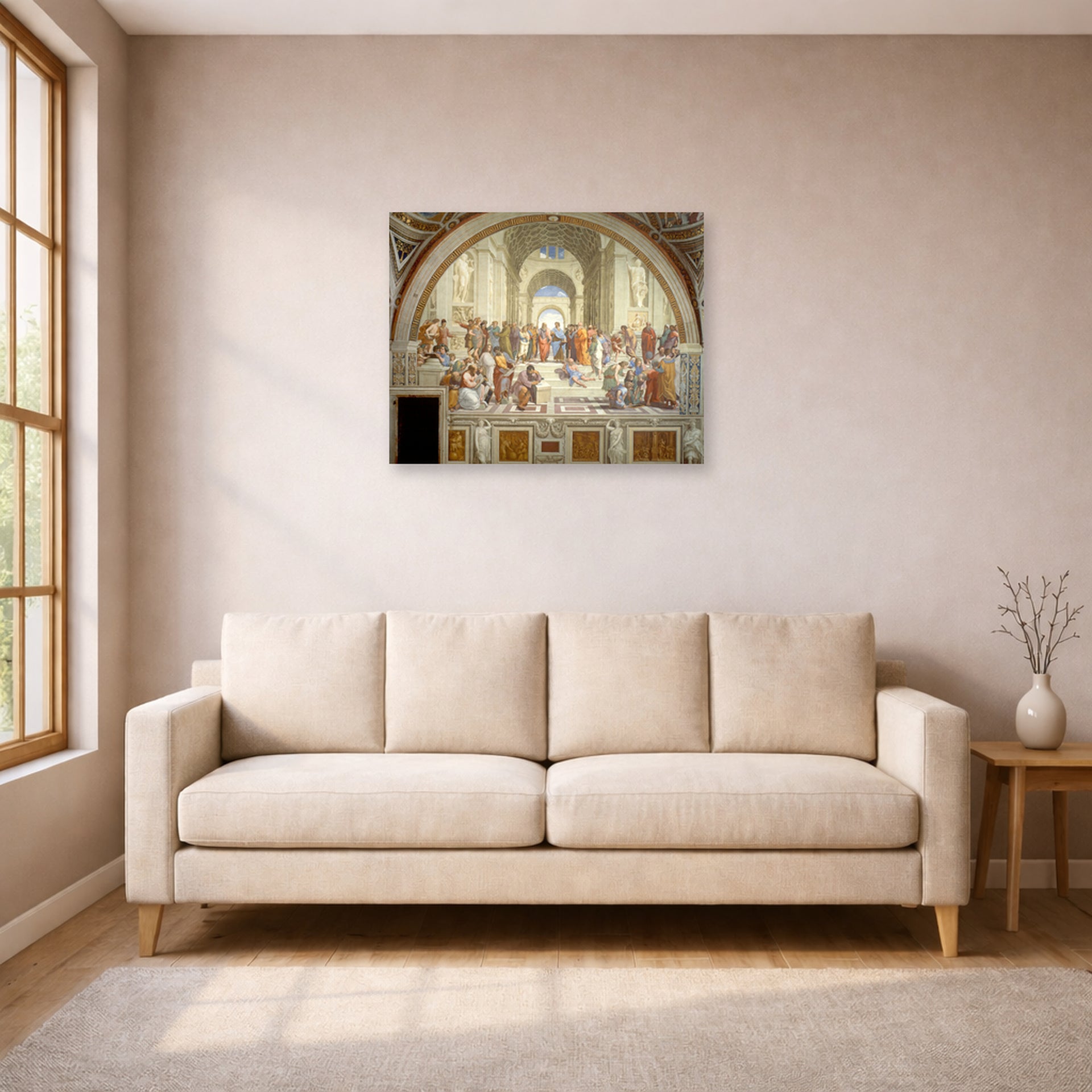 Unframed poster print of Raphael's The School of Athens displayed on a wall in a living room