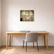 Unframed poster print of Raphael's The School of Athens displayed on a wall in a office