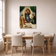 Gallery-wrapped canvas print of Raphael's The Sistin Madonna displayed on a wall in a dining