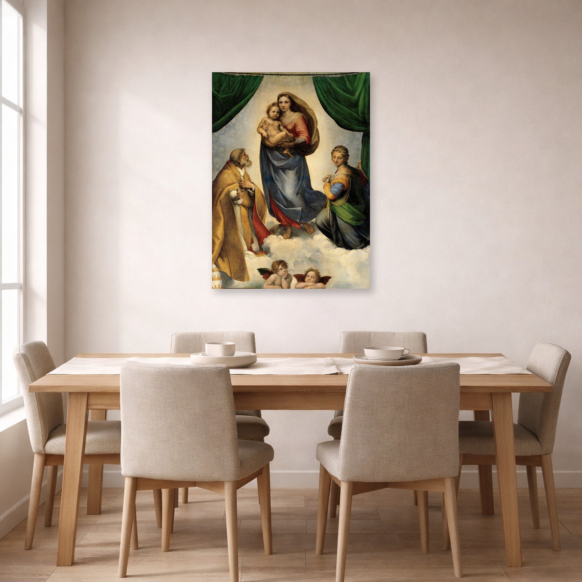 Unframed poster print of Raphael's The Sistin Madonna displayed on a wall in a dining