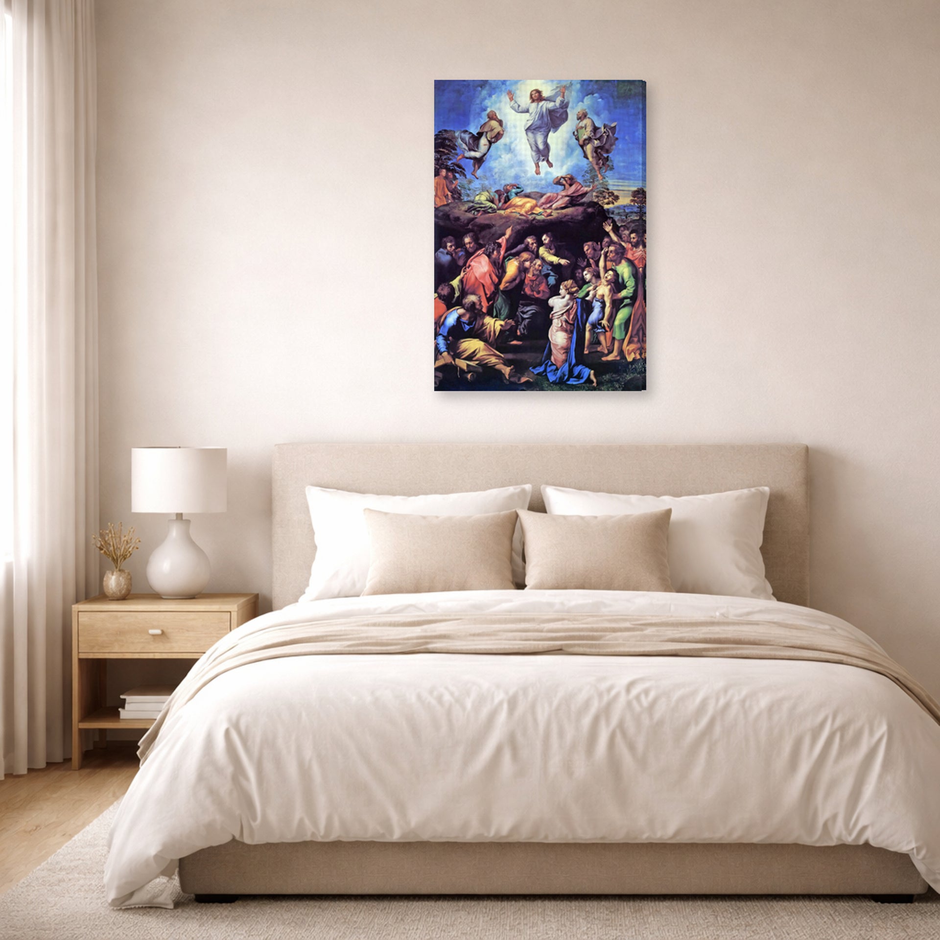 Gallery-wrapped canvas print of Raphael's The Transfiguration displayed on a wall in a bedroom