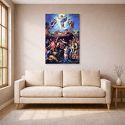 Gallery-wrapped canvas print of Raphael's The Transfiguration displayed on a wall in a living room