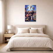 Unframed poster print of Raphael's The Transfiguration displayed on a wall in a bedroom
