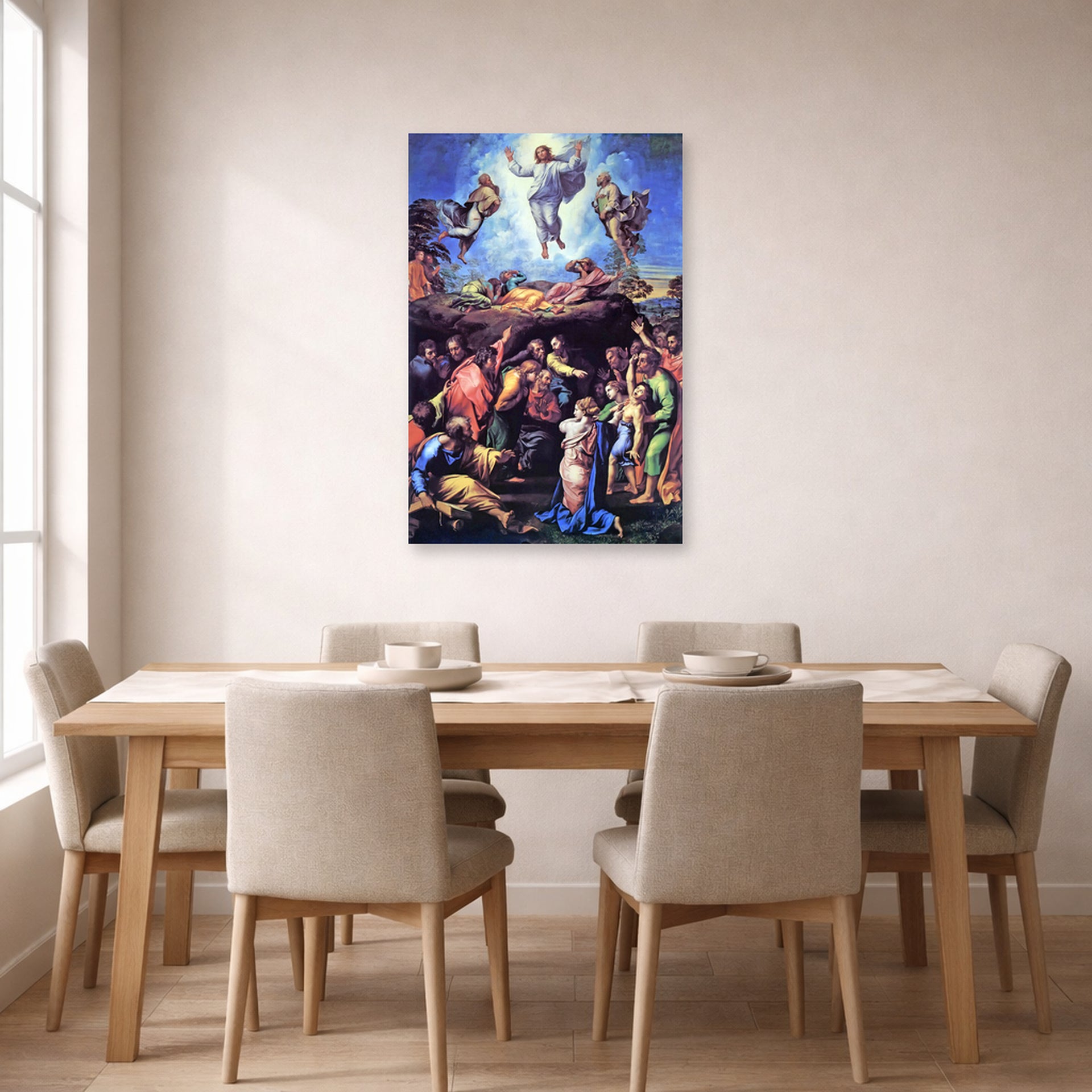 Unframed poster print of Raphael's The Transfiguration displayed on a wall in a dining