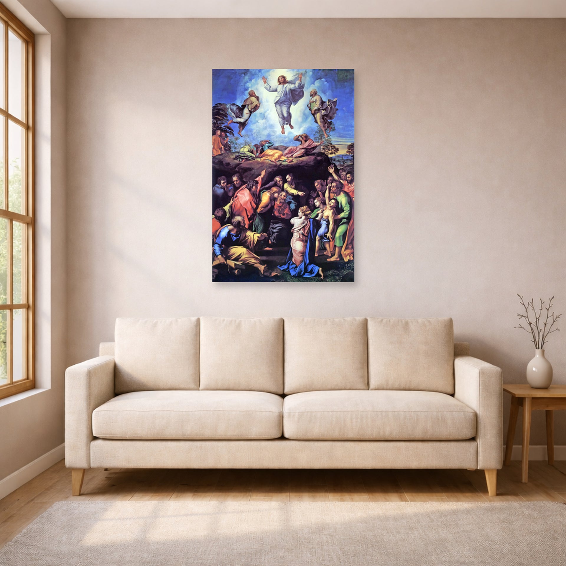 Unframed poster print of Raphael's The Transfiguration displayed on a wall in a living room