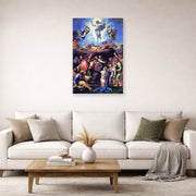 Unframed poster print of Raphael's The Transfiguration displayed on a wall in a living room