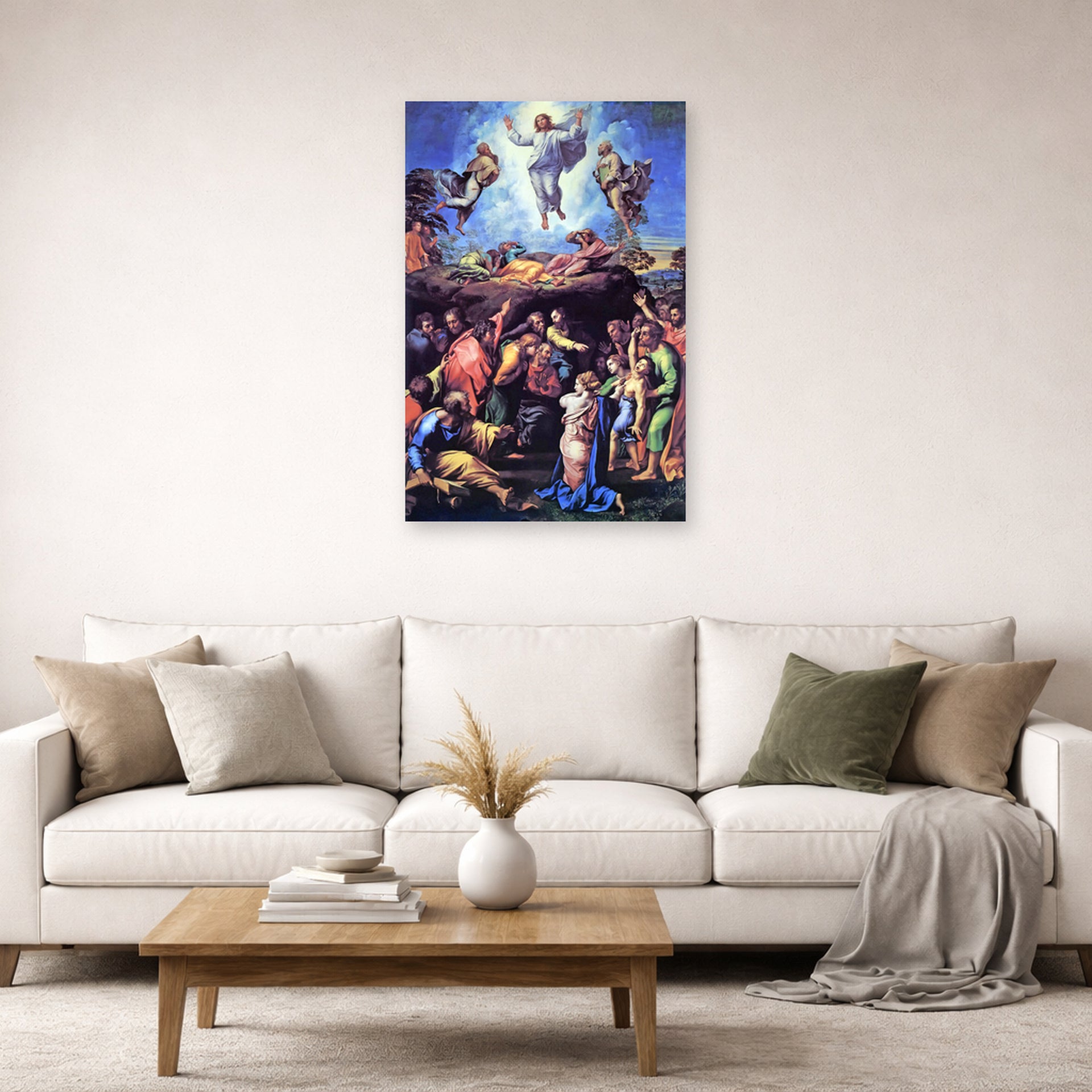 Unframed poster print of Raphael's The Transfiguration displayed on a wall in a living room