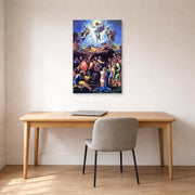 Unframed poster print of Raphael's The Transfiguration displayed on a wall in a office