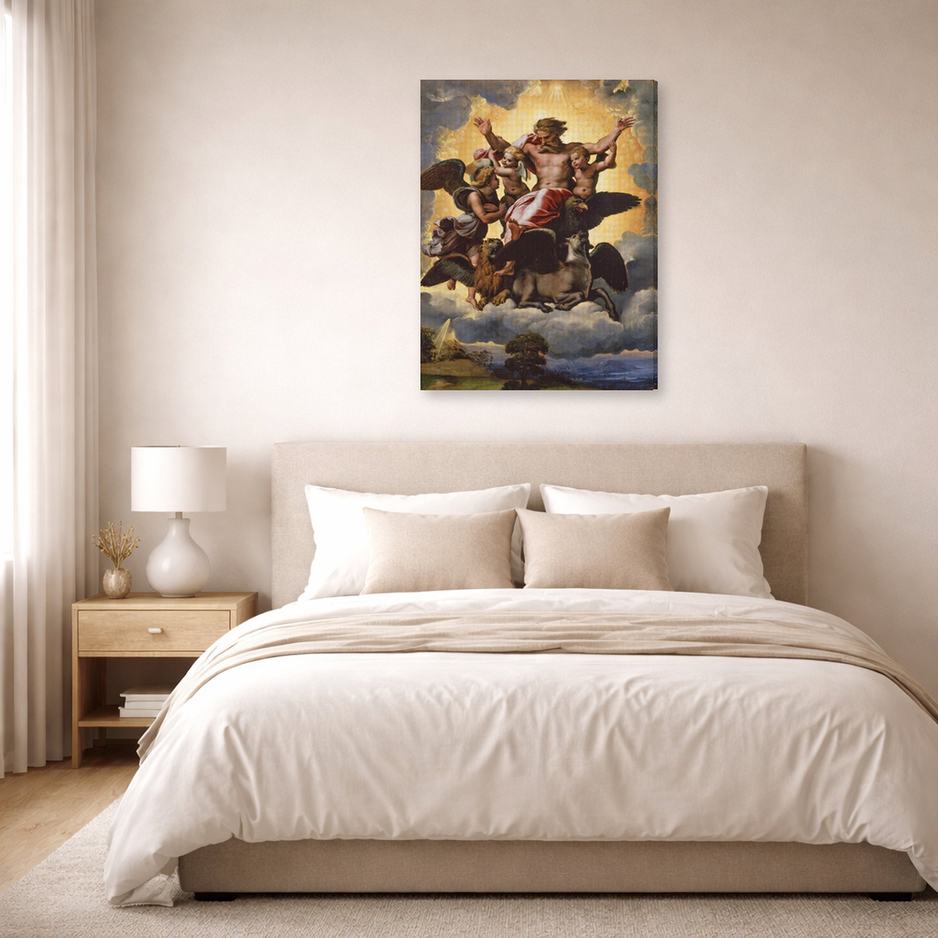 Gallery-wrapped canvas print of Raphael's The vision of Ezekiel displayed on a wall in a bedroom