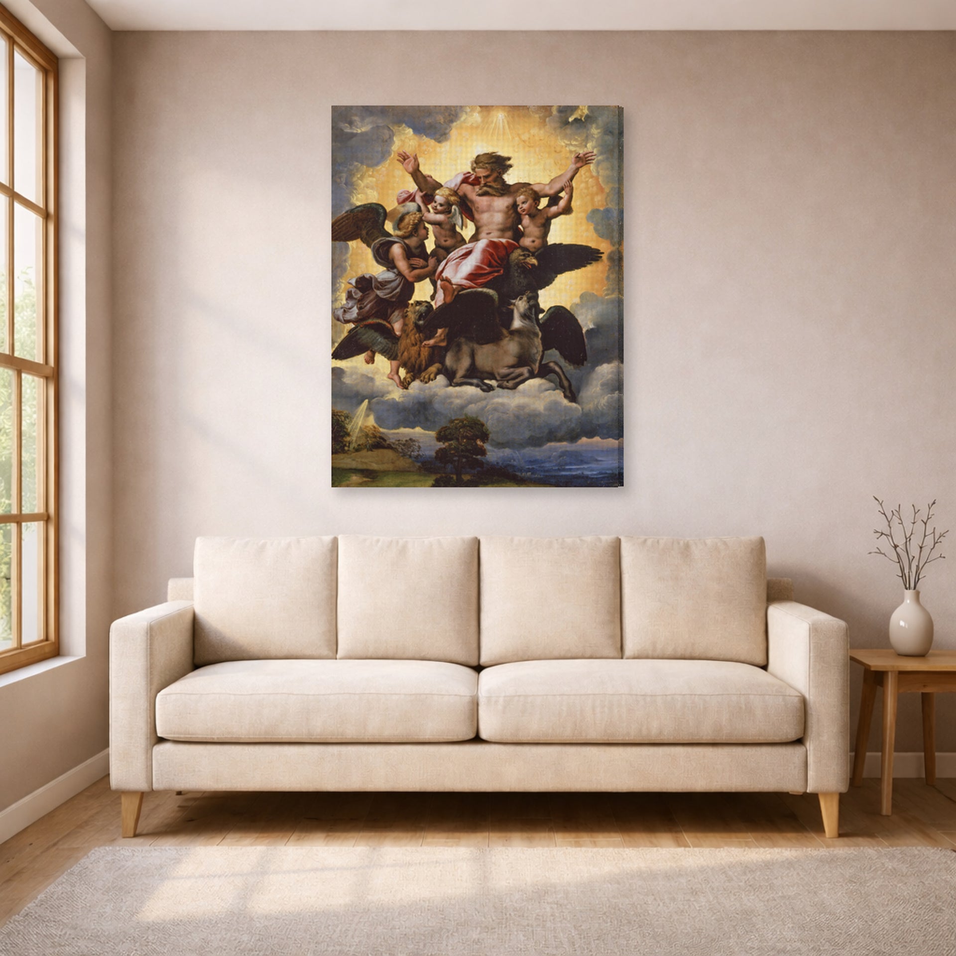 Gallery-wrapped canvas print of Raphael's The vision of Ezekiel displayed on a wall in a living room