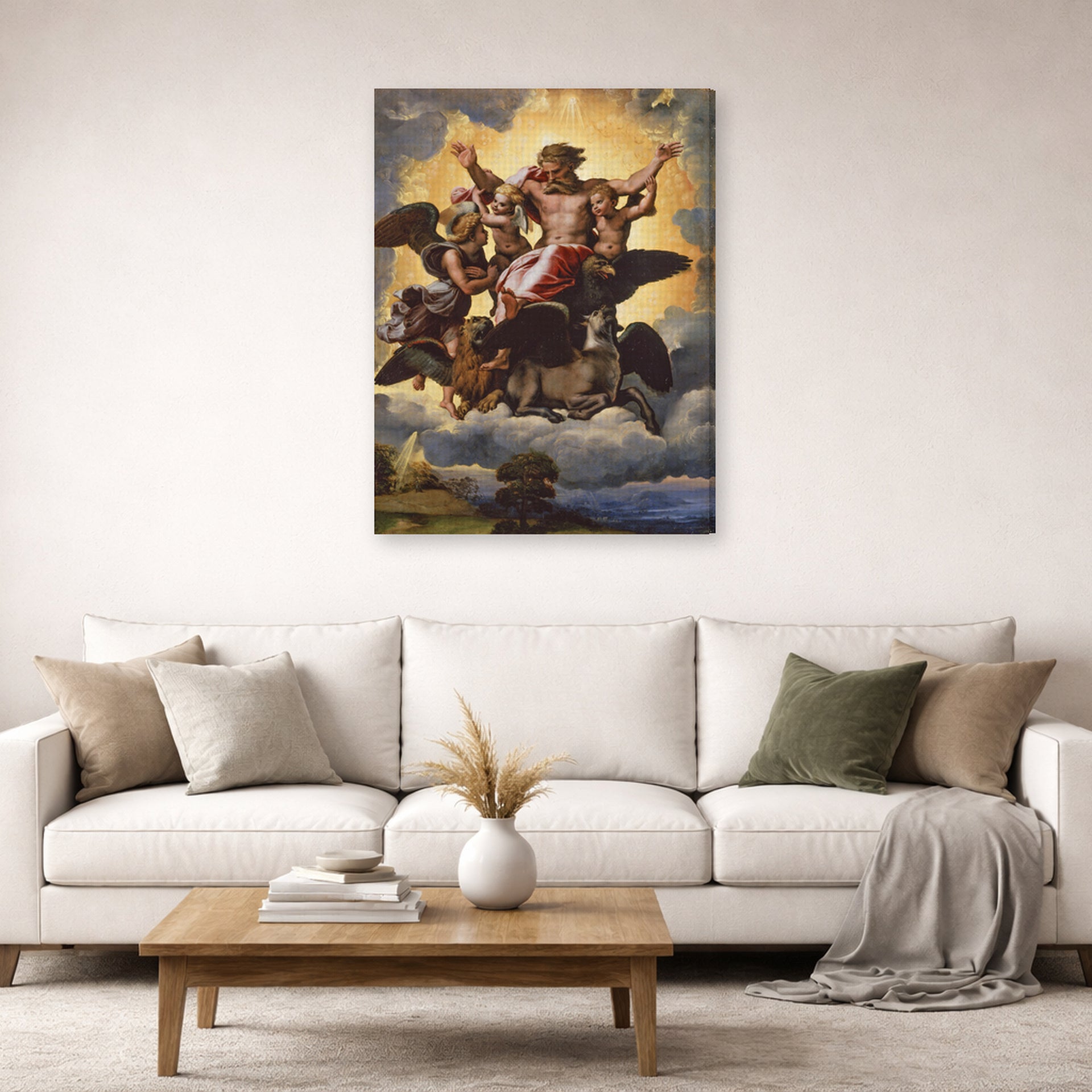 Gallery-wrapped canvas print of Raphael's The vision of Ezekiel displayed on a wall in a living room