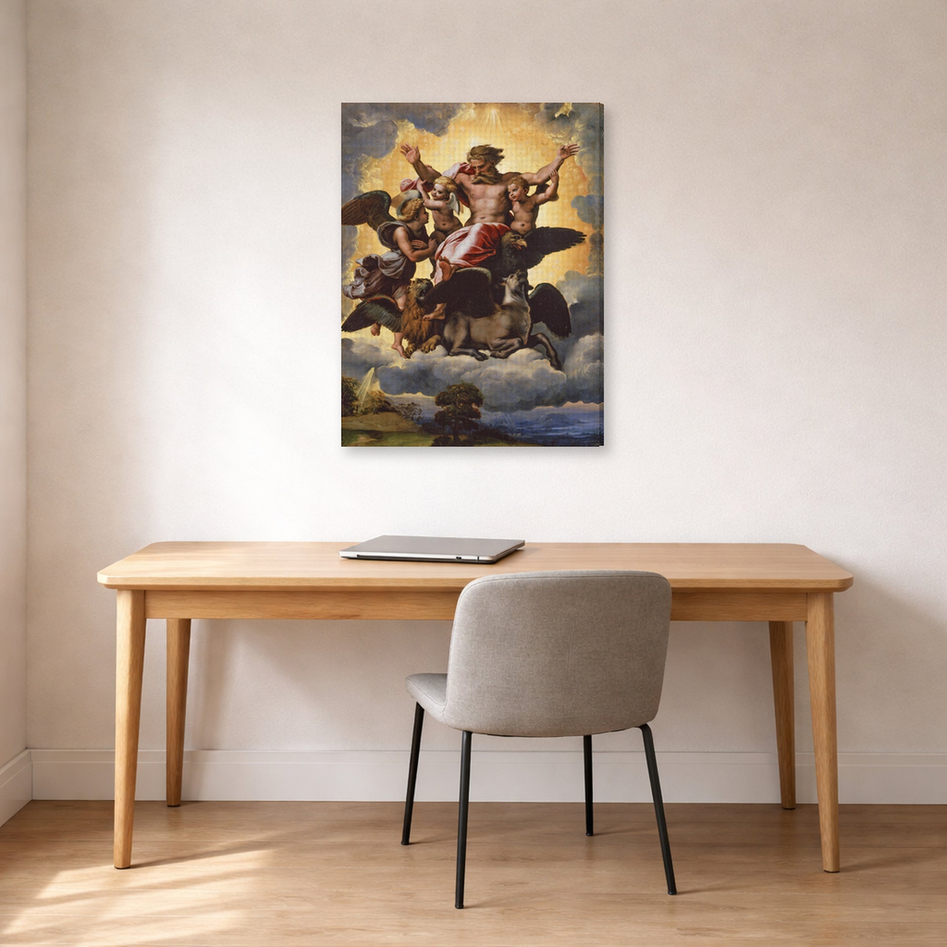Gallery-wrapped canvas print of Raphael's The vision of Ezekiel displayed on a wall in a office