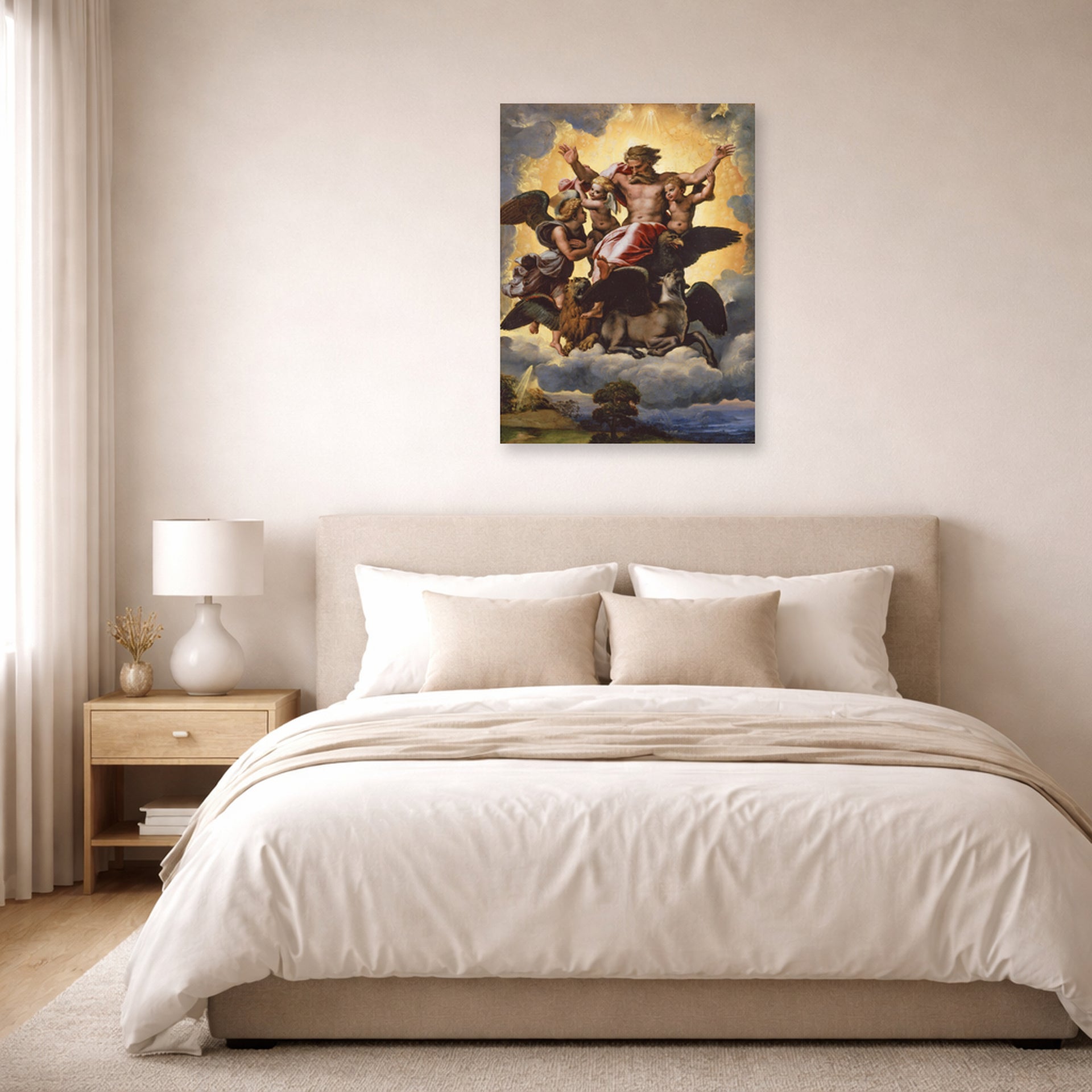 Unframed poster print of Raphael's The vision of Ezekiel displayed on a wall in a bedroom