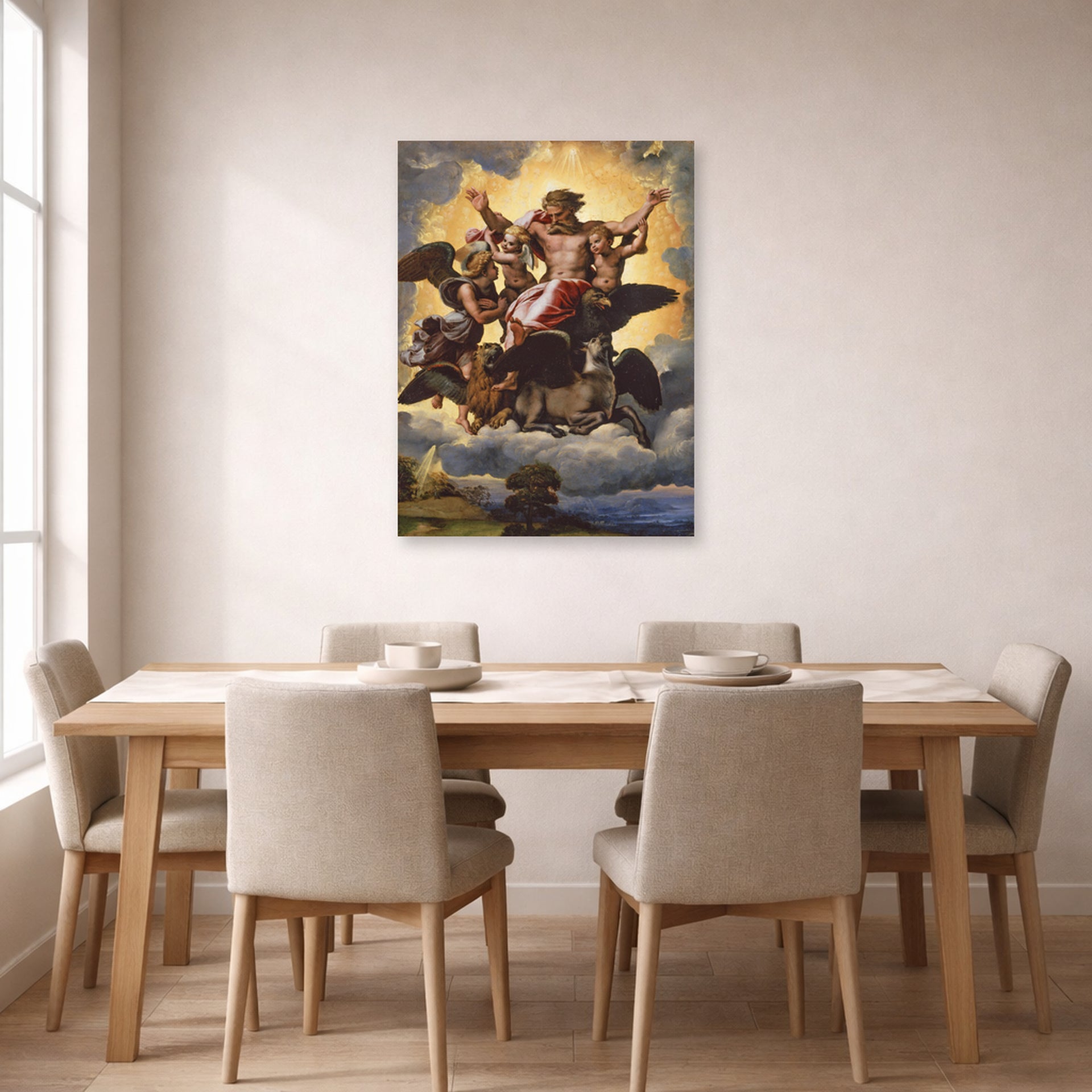 Unframed poster print of Raphael's The vision of Ezekiel displayed on a wall in a dining