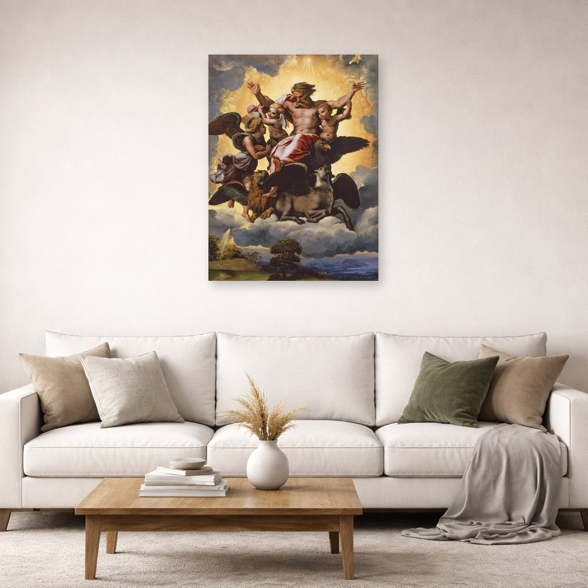 Unframed poster print of Raphael's The vision of Ezekiel displayed on a wall in a living room