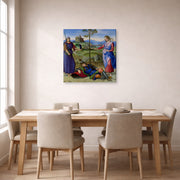 Gallery-wrapped canvas print of Raphael's The Vision of a Knight displayed on a wall in a dining